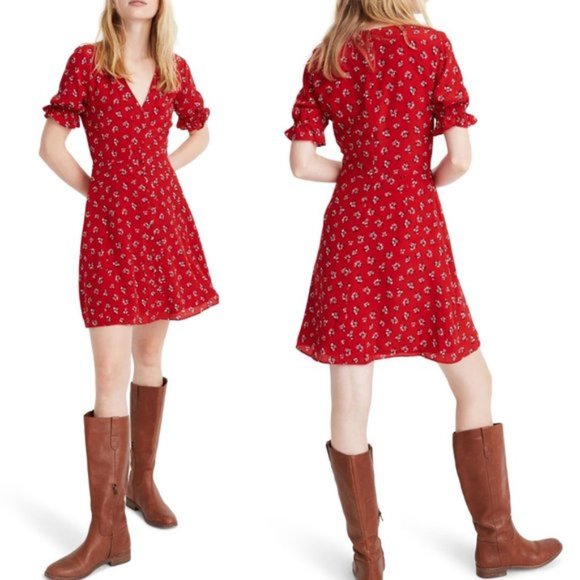 Red Silk Ruffle-Sleeve Button-Front Dress - Picture 4 of 7